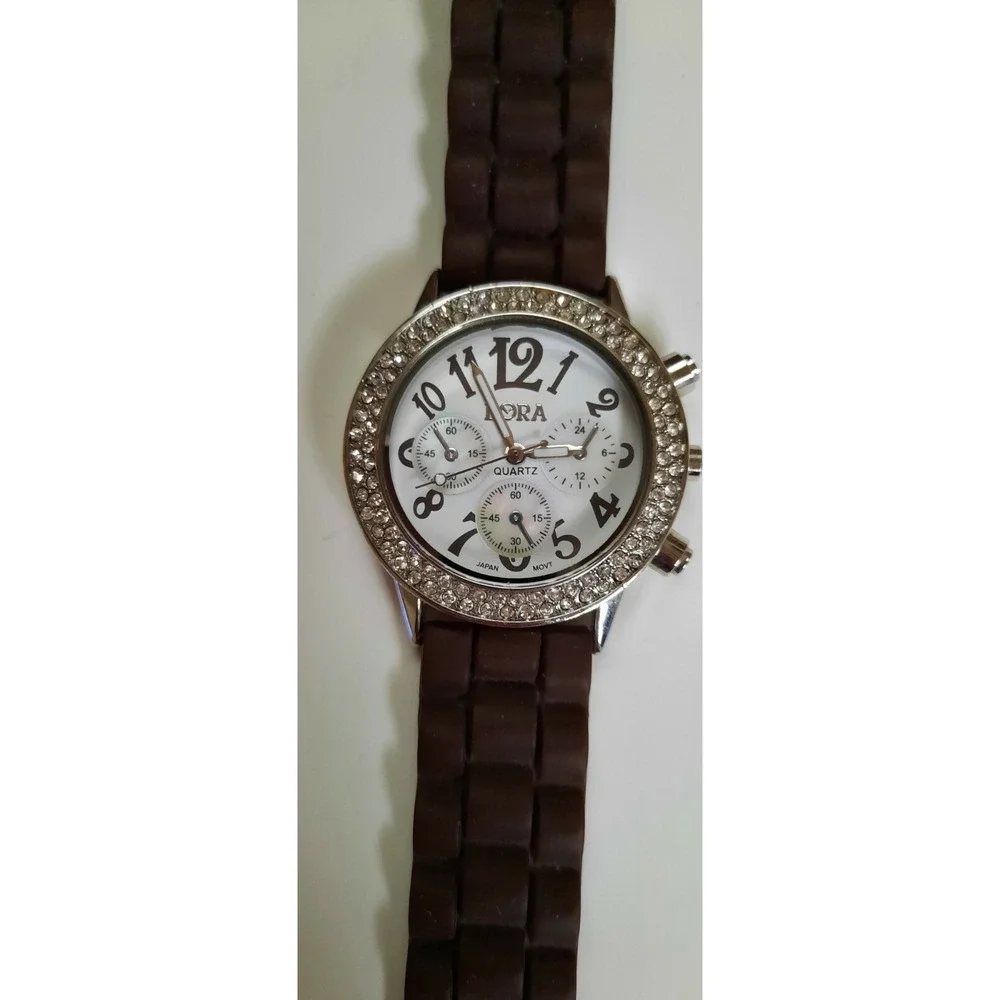 Bora Women's Watch Brown Numbers Silicone‎ Band Quartz Crystal Bezel Pre-owned